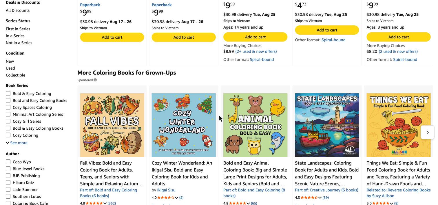 Amazon niche and series facets for the bold and easy coloring book category