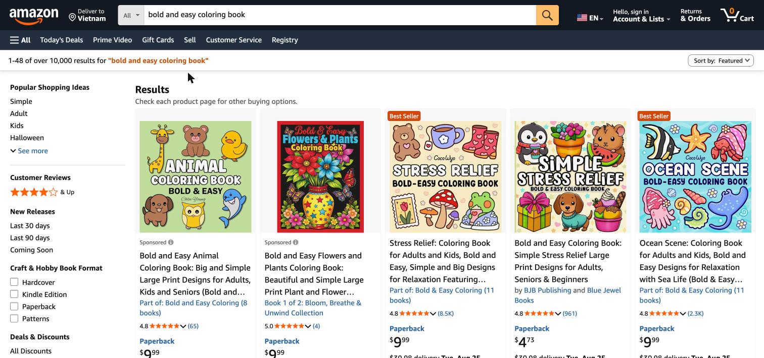 Amazon search results for bold and easy coloring book showing bestsellers with 8.4K and 12K reviews