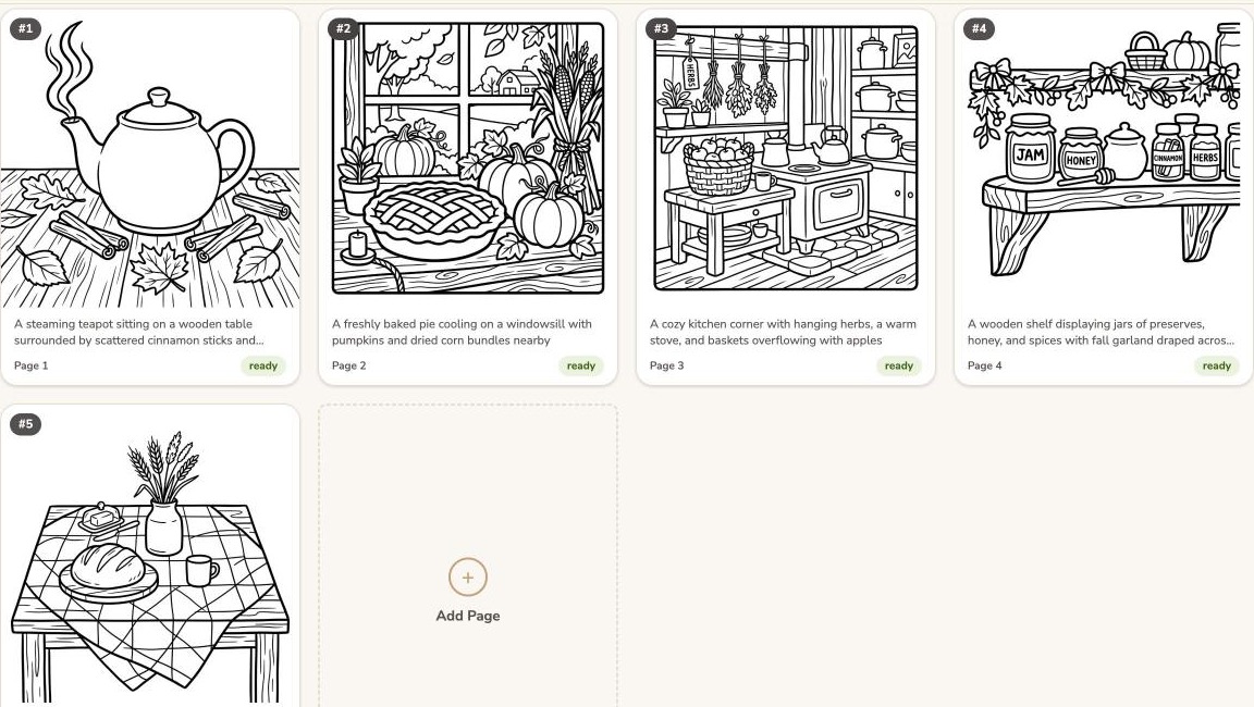 BoldPage Studio page grid showing five finished bold and easy coloring pages from the Cozy Autumn Kitchen demo book