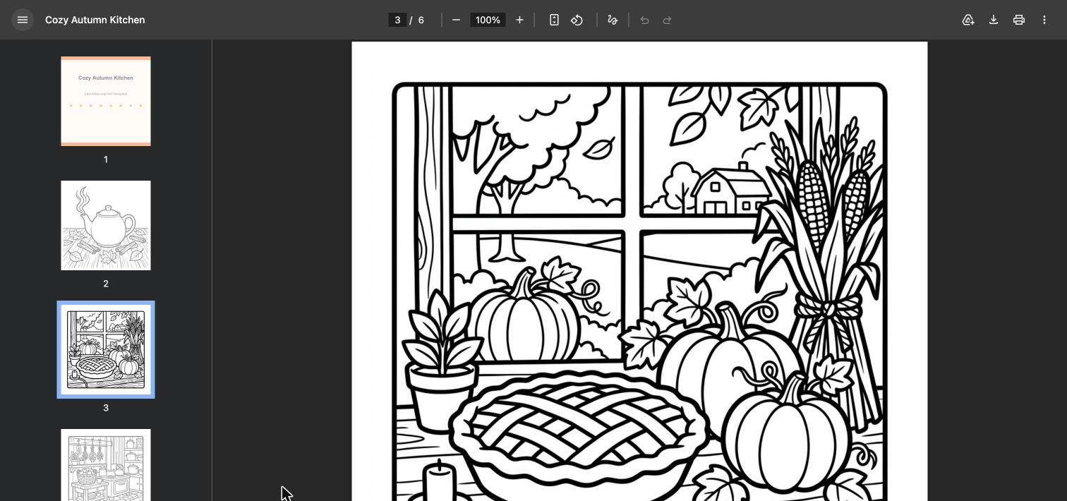 Finished PDF spread from the Cozy Autumn Kitchen demo book